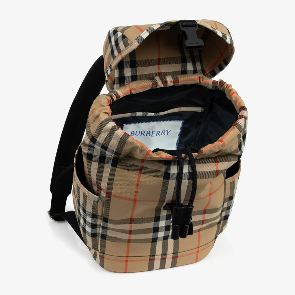 Burberry-Sand Beige Check Backpack (31cm) | Childrensalon