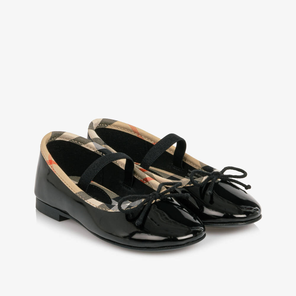Burberry-Toddler Girls Glossy Black Ballet Flats with Check Trim | Childrensalon
