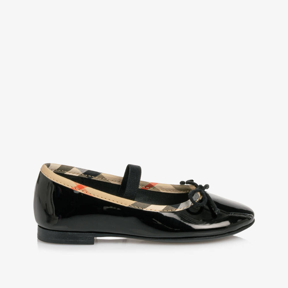 Burberry-Toddler Girls Glossy Black Ballet Flats with Check Trim | Childrensalon