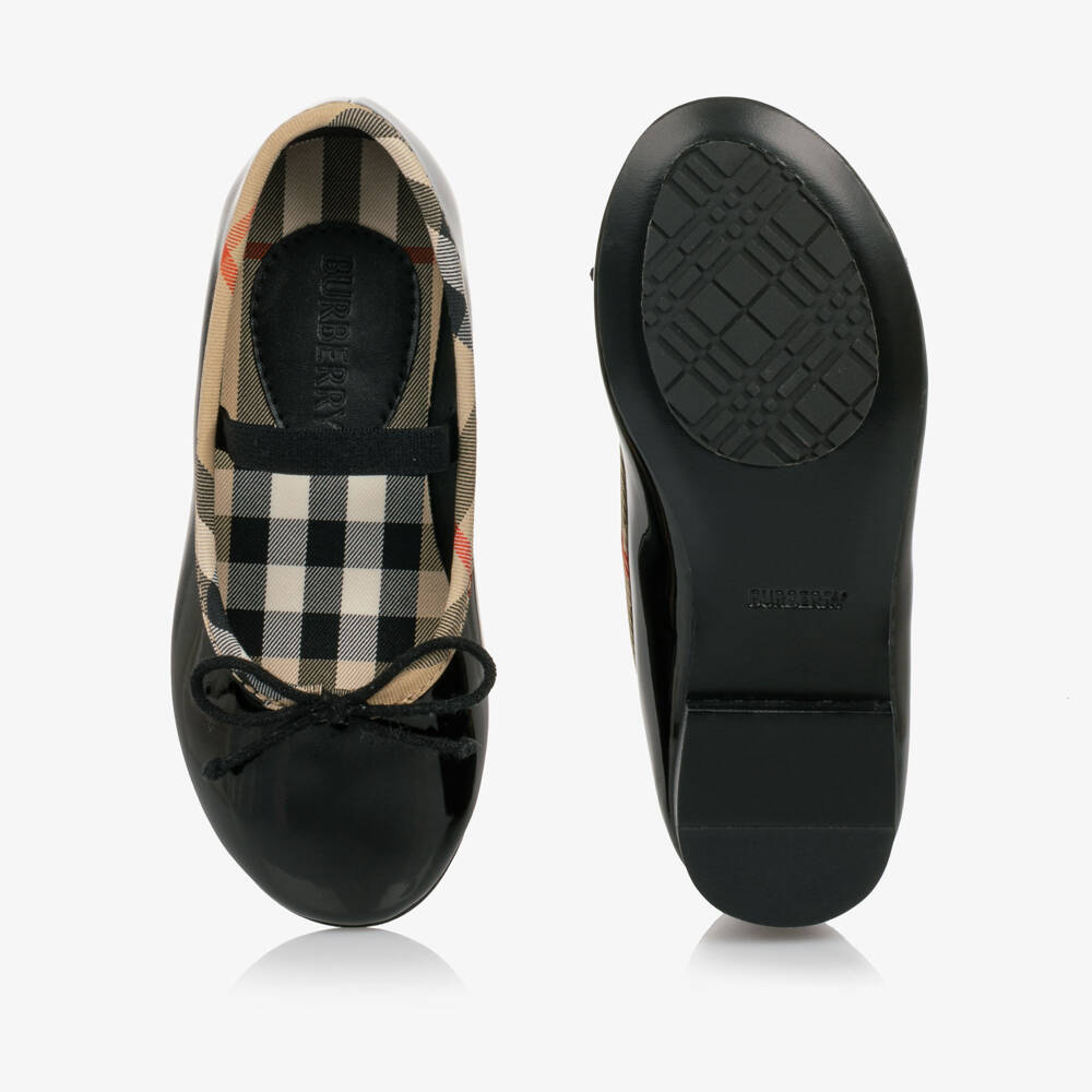 Burberry-Toddler Girls Glossy Black Ballet Flats with Check Trim | Childrensalon