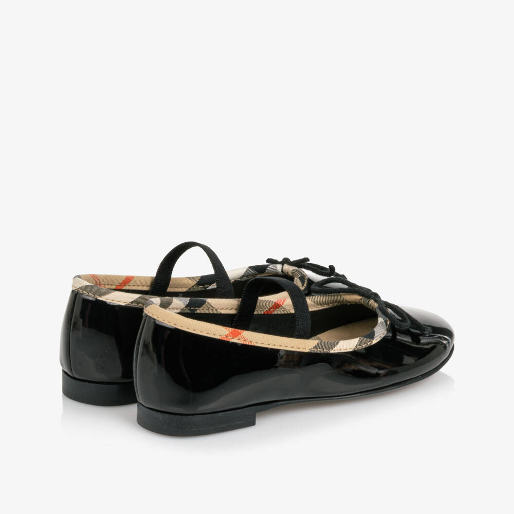 Burberry-Toddler Girls Glossy Black Ballet Flats with Check Trim | Childrensalon