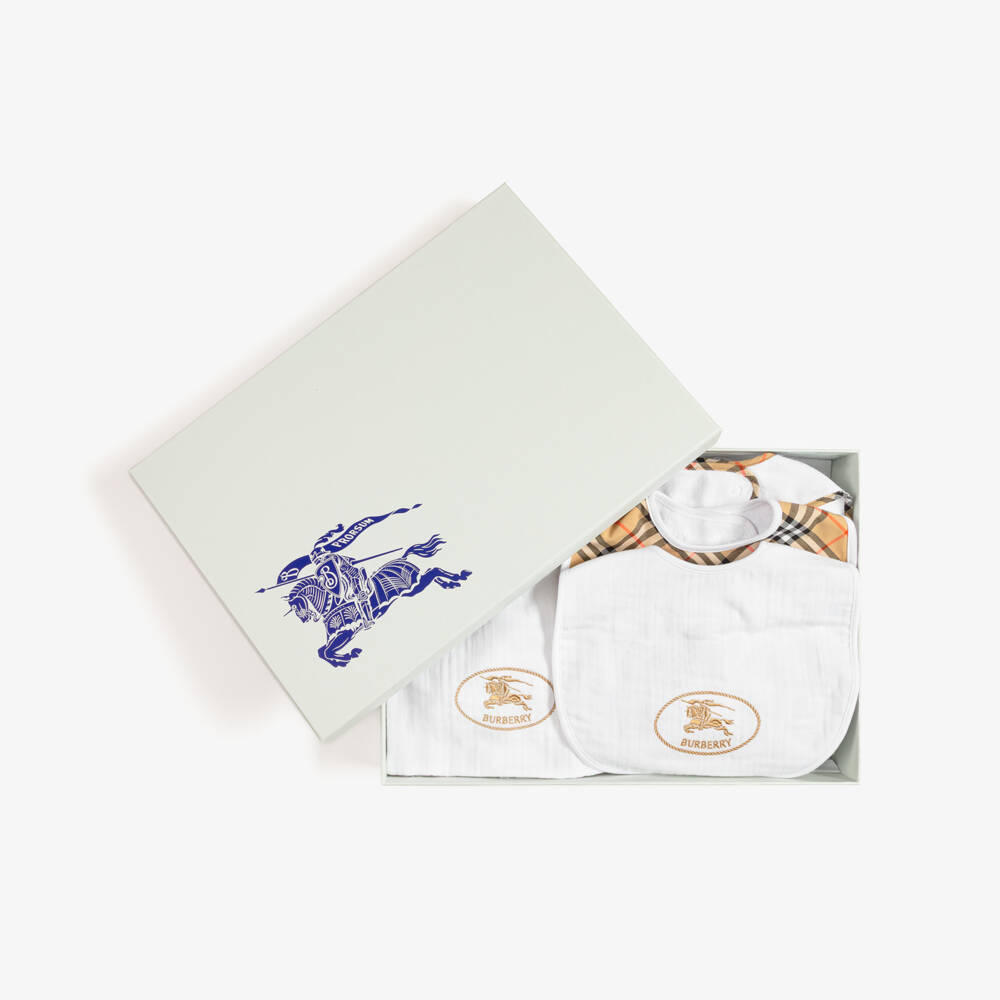 Burberry-White & Beige Check Baby Bib Gift Set | Childrensalon