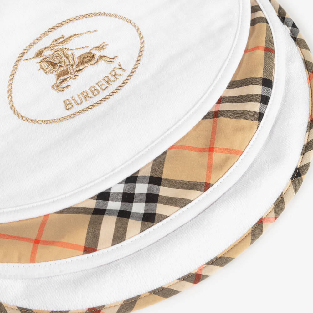 Burberry-White & Beige Check Baby Bib Gift Set | Childrensalon