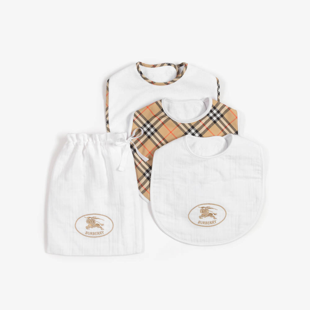 Burberry-White & Beige Check Baby Bib Gift Set | Childrensalon