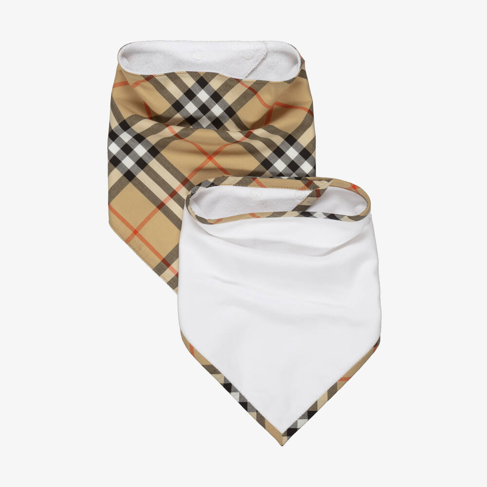 Burberry-White & Beige Check Bib Gift Set | Childrensalon