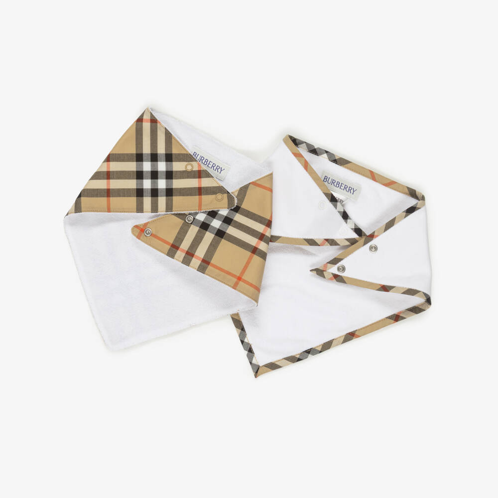 Burberry-White & Beige Check Bib Gift Set | Childrensalon