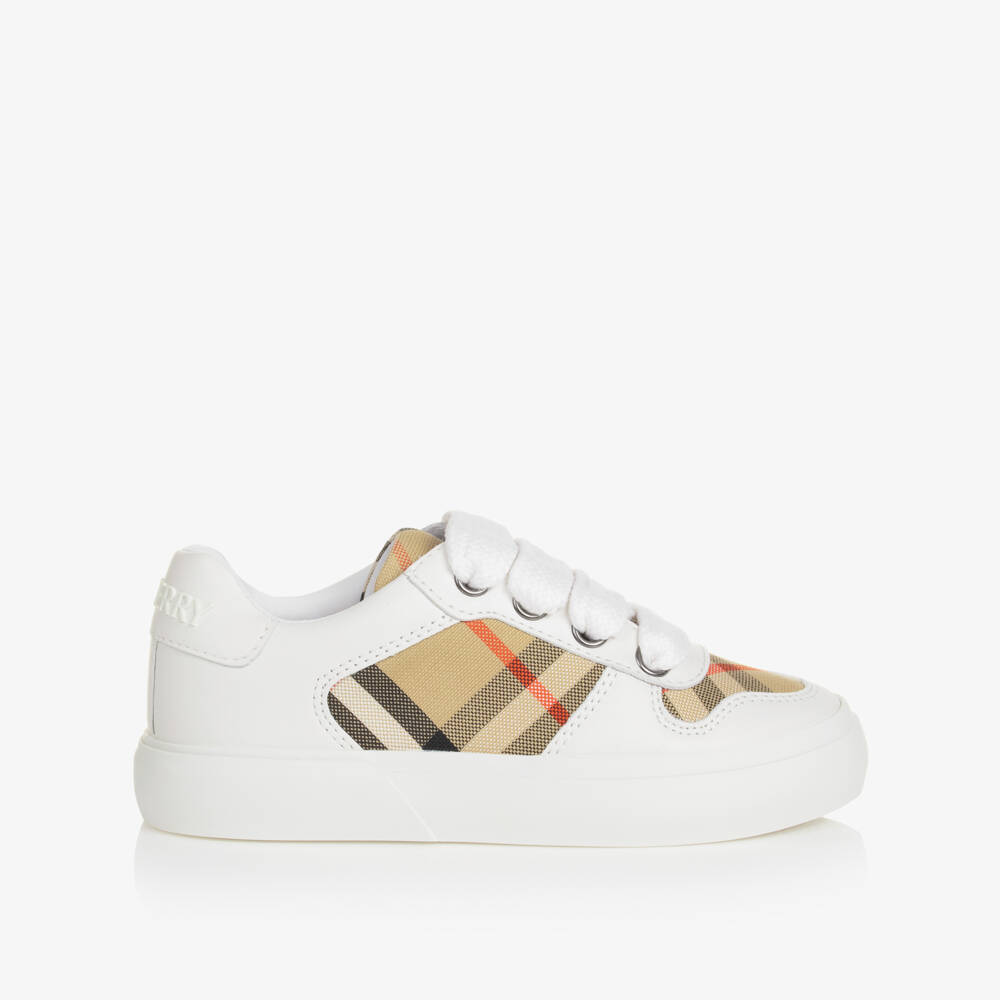 Burberry-White & Beige Check Leather Trainers With Laces | Childrensalon