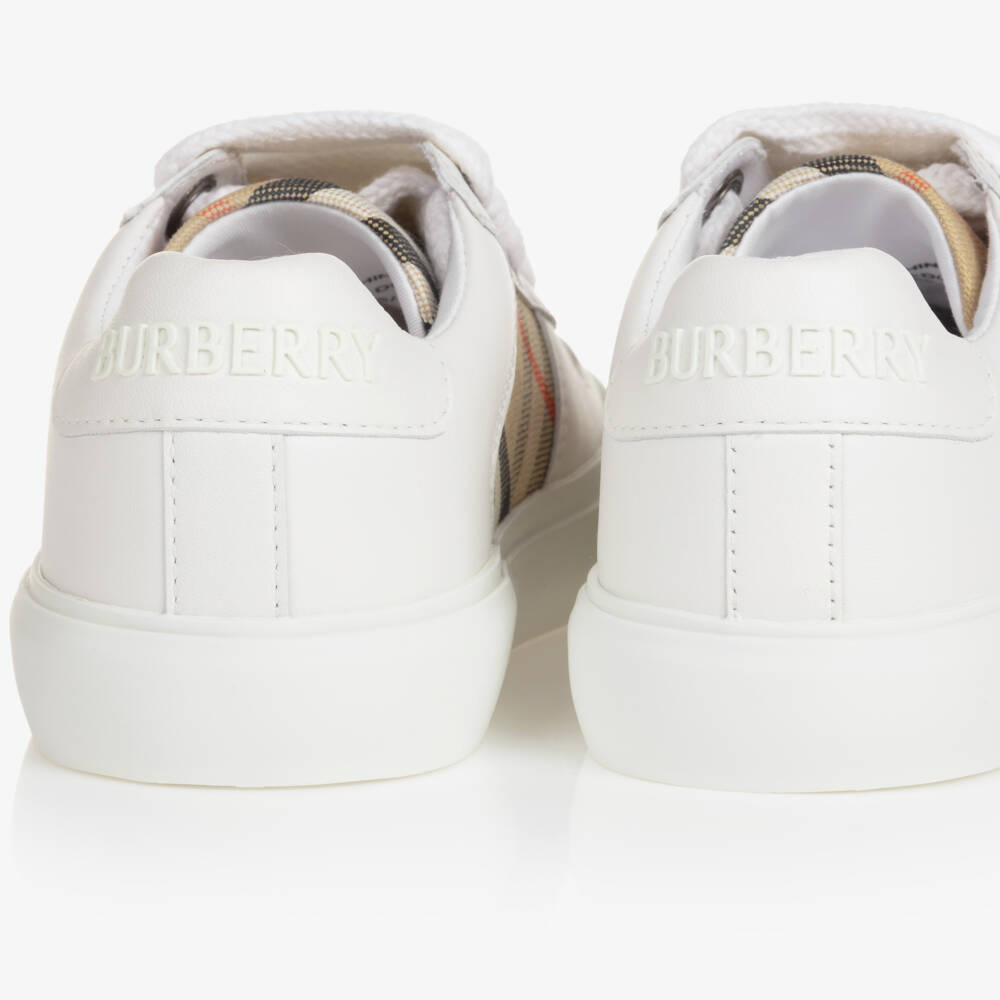 Burberry-White & Beige Check Leather Trainers With Laces | Childrensalon
