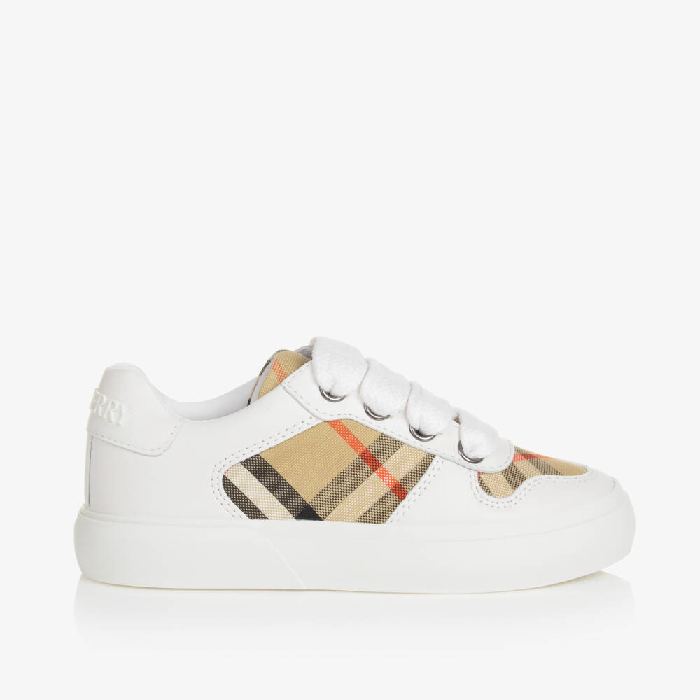 Burberry-White & Beige Check Leather Trainers With Laces | Childrensalon