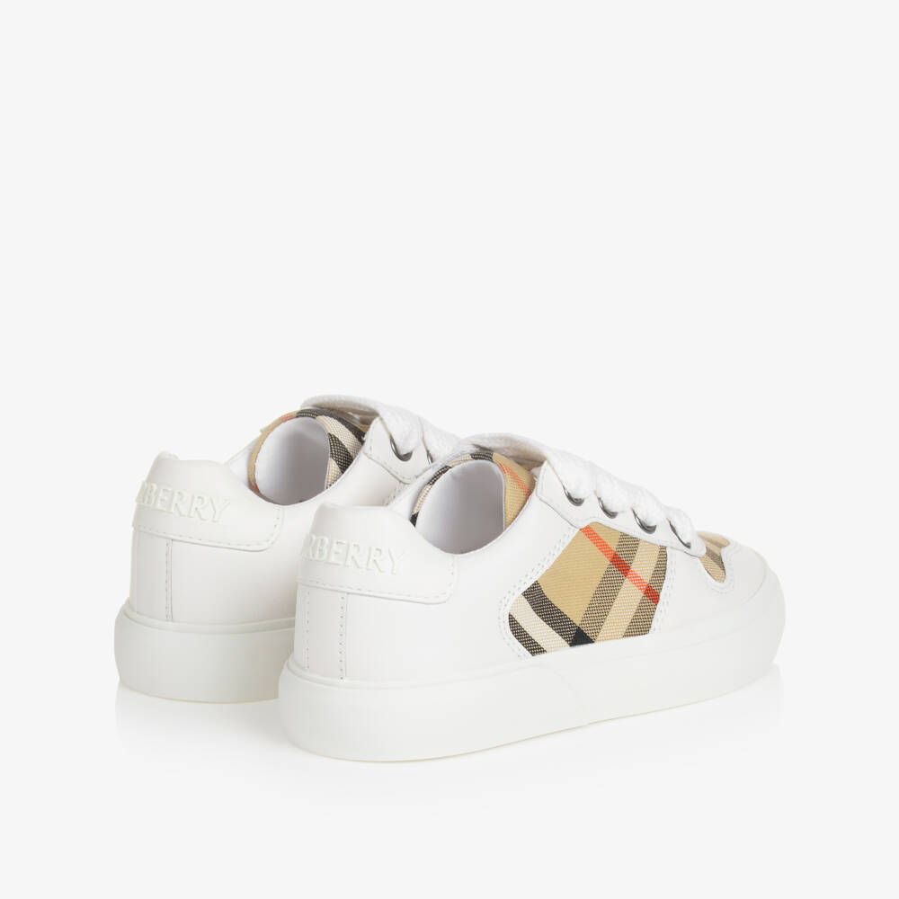 Burberry-White & Beige Check Leather Trainers With Laces | Childrensalon