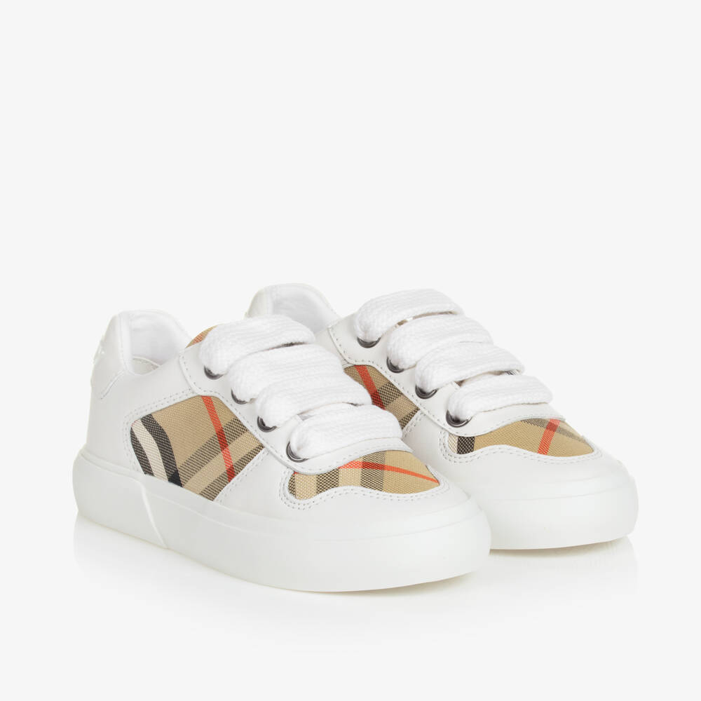 Burberry-White & Beige Check Leather Trainers With Laces | Childrensalon