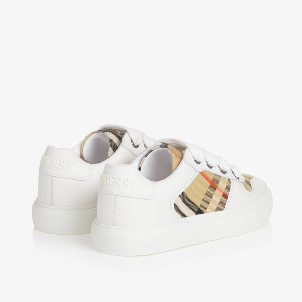 Burberry-White & Beige Check Leather Trainers With Laces | Childrensalon