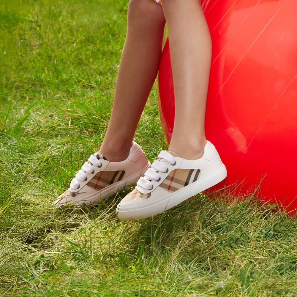 Burberry-White & Beige Check Leather Trainers With Laces | Childrensalon