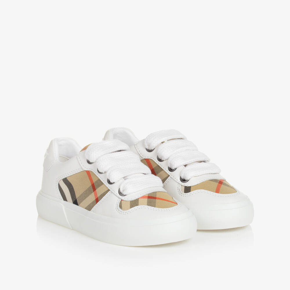 Burberry-White & Beige Check Leather Trainers With Laces | Childrensalon