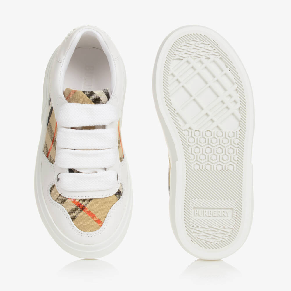 Burberry-White & Beige Check Leather Trainers With Laces | Childrensalon