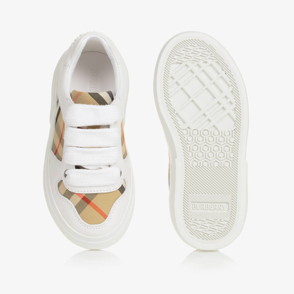 Burberry-White & Beige Check Leather Trainers With Laces | Childrensalon