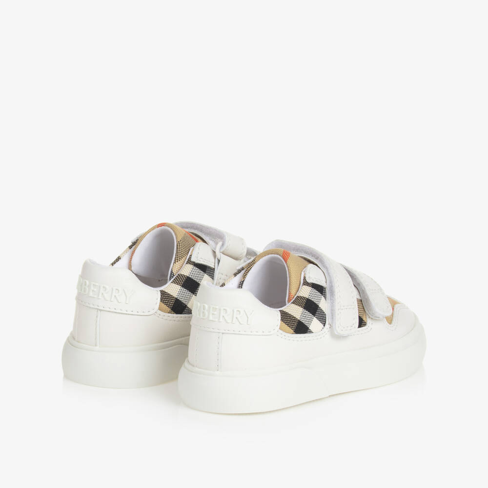 Burberry-White & Beige Check Leather Trainers With Velcro | Childrensalon