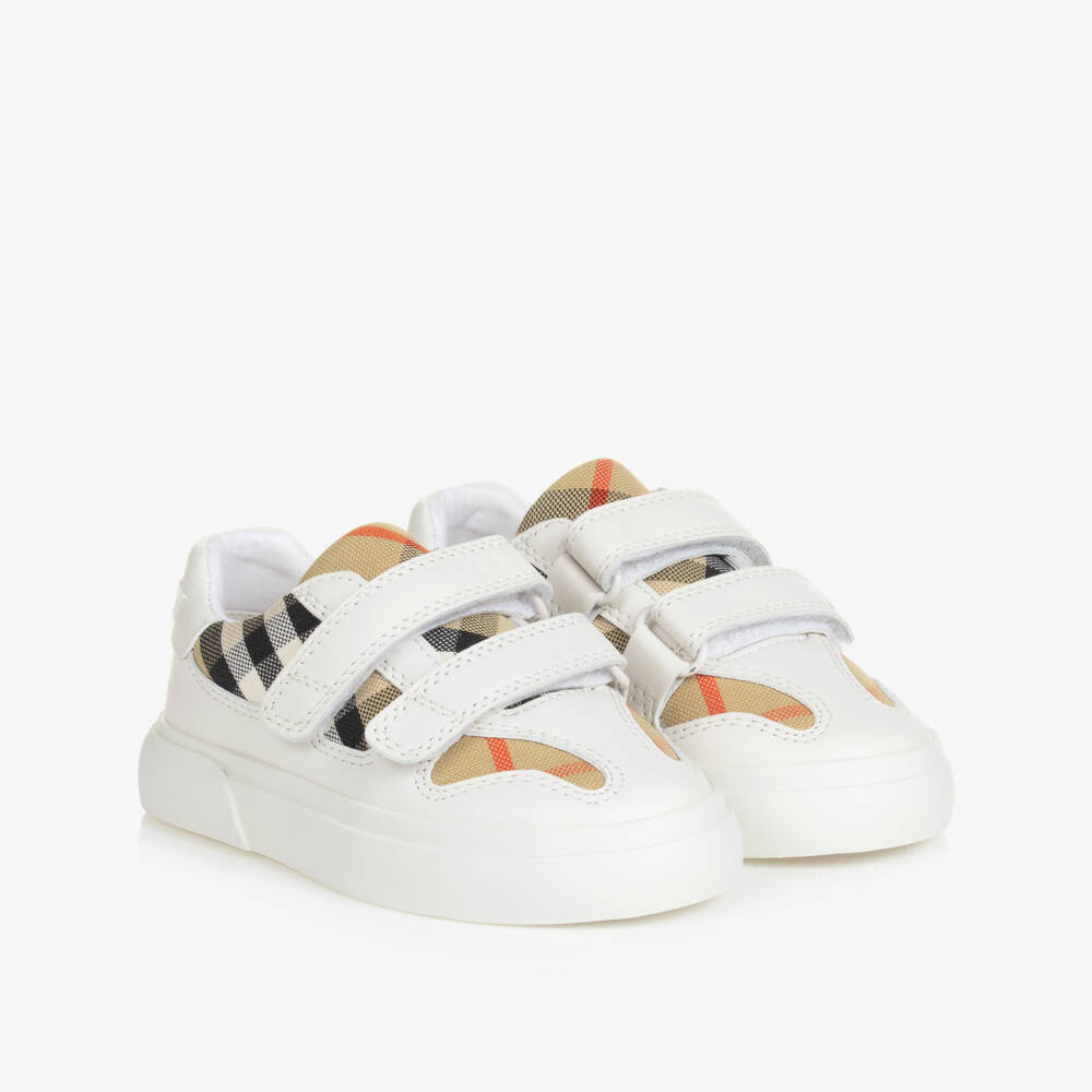 Burberry-White & Beige Check Leather Trainers With Velcro | Childrensalon