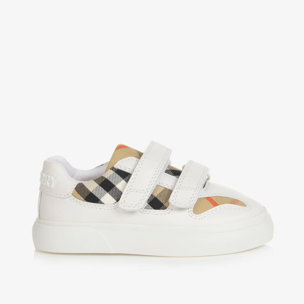 Burberry-White & Beige Check Leather Trainers With Velcro | Childrensalon