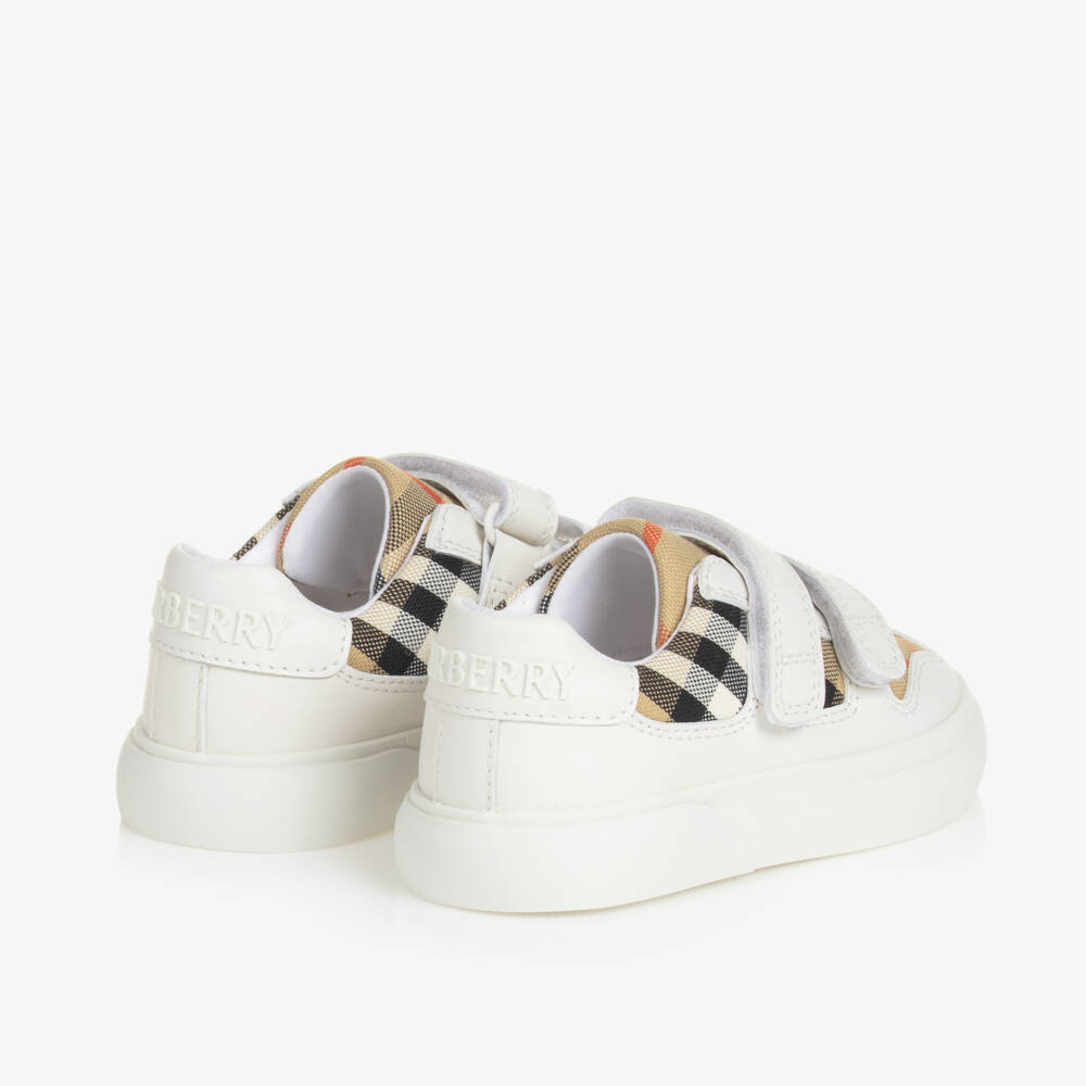Burberry-White & Beige Check Leather Trainers With Velcro | Childrensalon