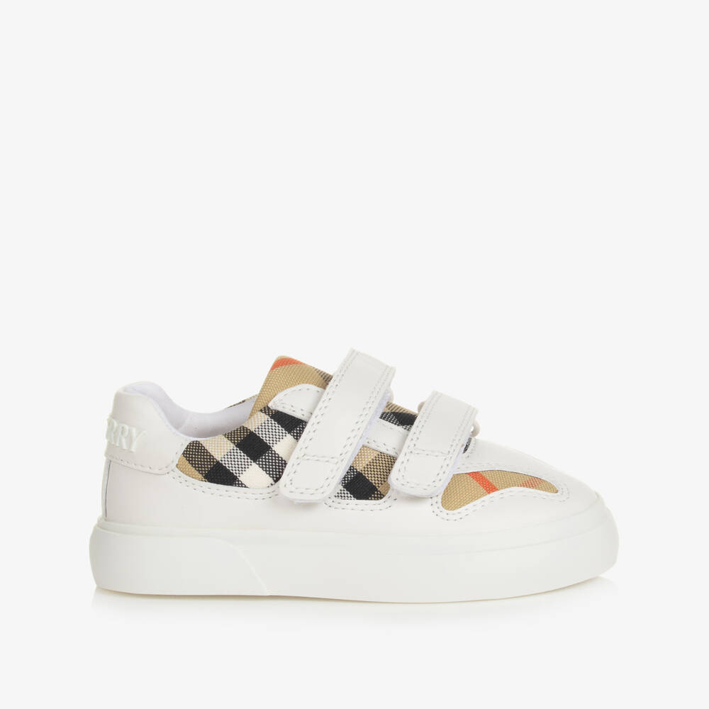 Burberry-White & Beige Check Leather Trainers With Velcro | Childrensalon
