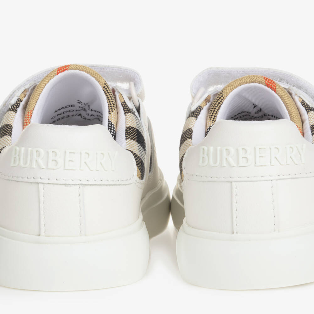Burberry-White & Beige Check Leather Trainers With Velcro | Childrensalon
