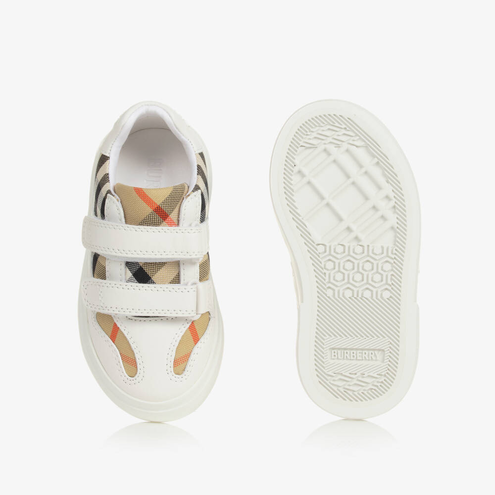 Burberry-White & Beige Check Leather Trainers With Velcro | Childrensalon