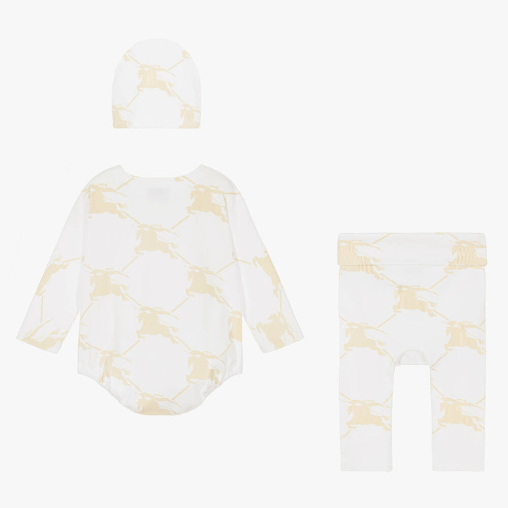 Burberry-White & Beige Cotton EKD Babysuit Set | Childrensalon