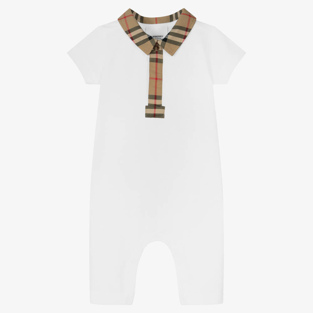 Burberry-White & Checked Babysuit  | Childrensalon