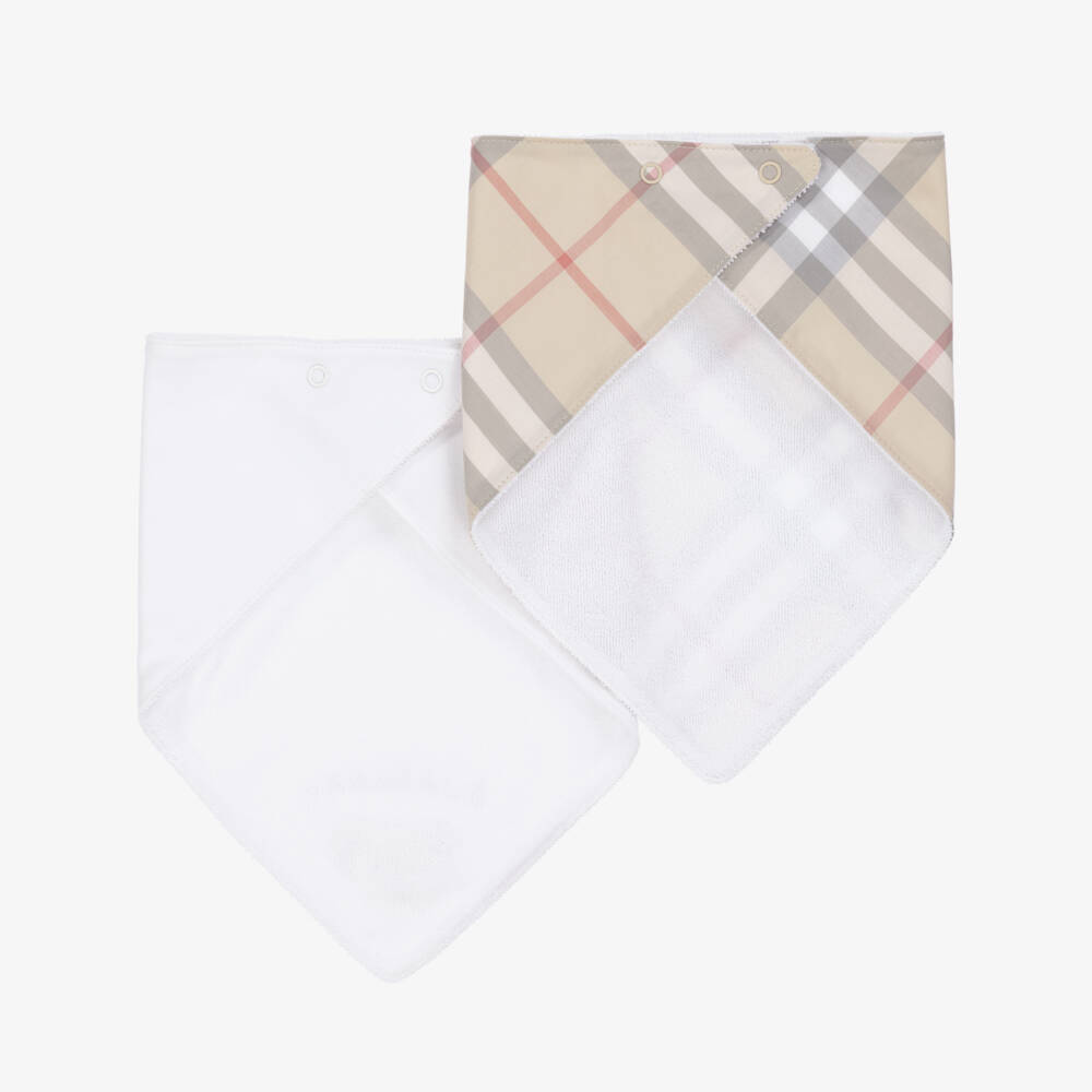 Burberry-White & Checked Cotton Bibs (2 Pack) | Childrensalon