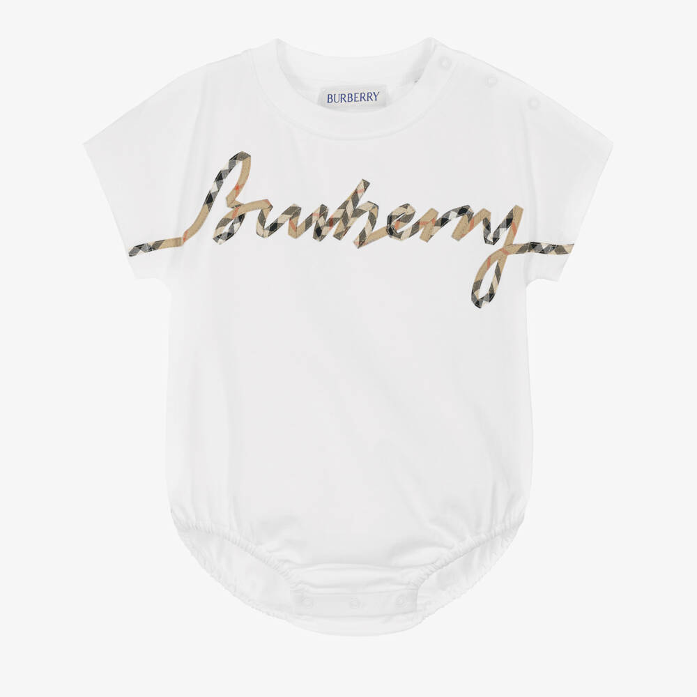 Burberry-White Cotton Baby Bodysuit with Cursive Check Logo | Childrensalon