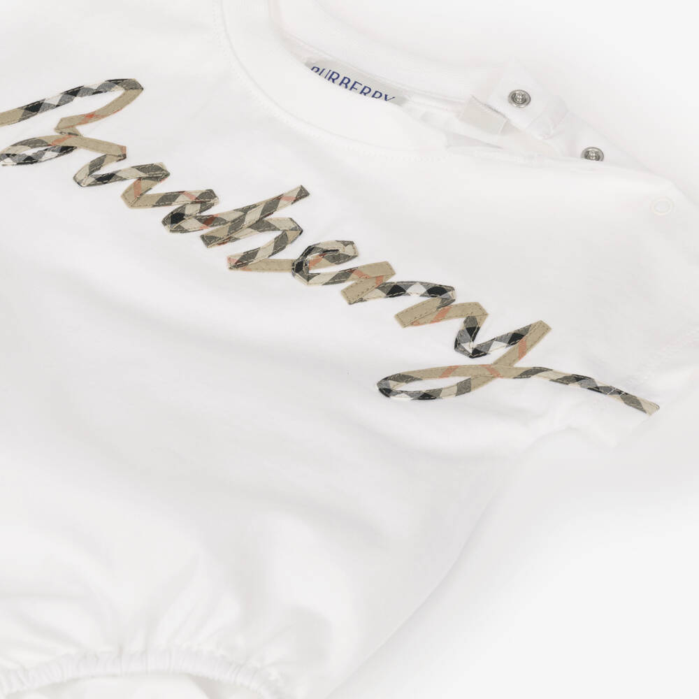 Burberry-White Cotton Baby Bodysuit with Cursive Check Logo | Childrensalon