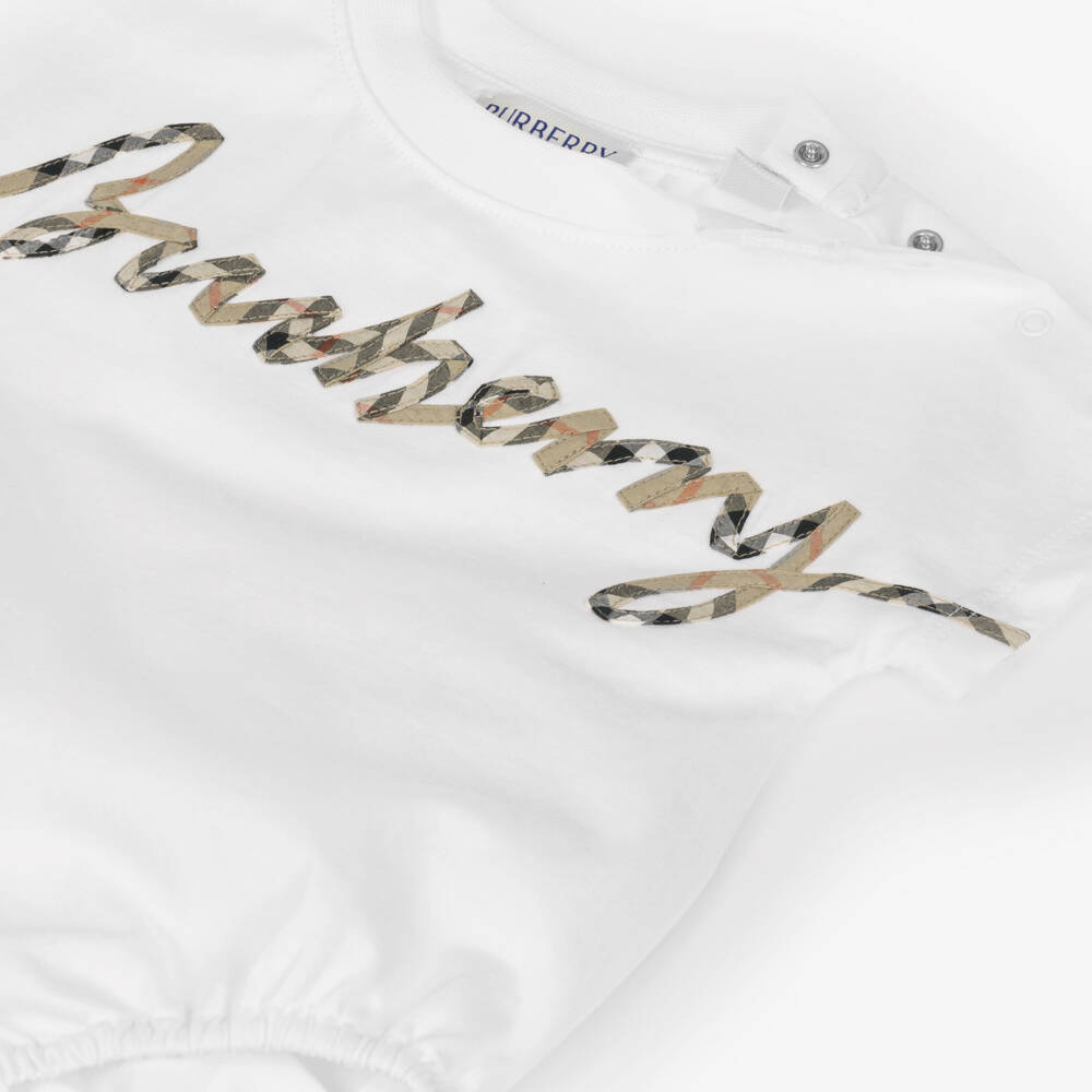 Burberry-White Cotton Baby Bodysuit with Cursive Check Logo | Childrensalon