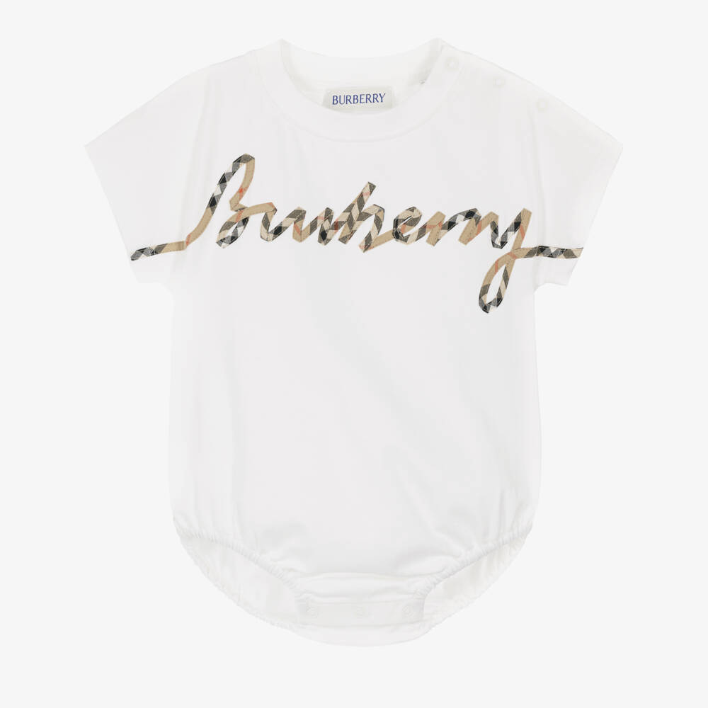 Burberry-White Cotton Baby Bodysuit with Cursive Check Logo | Childrensalon