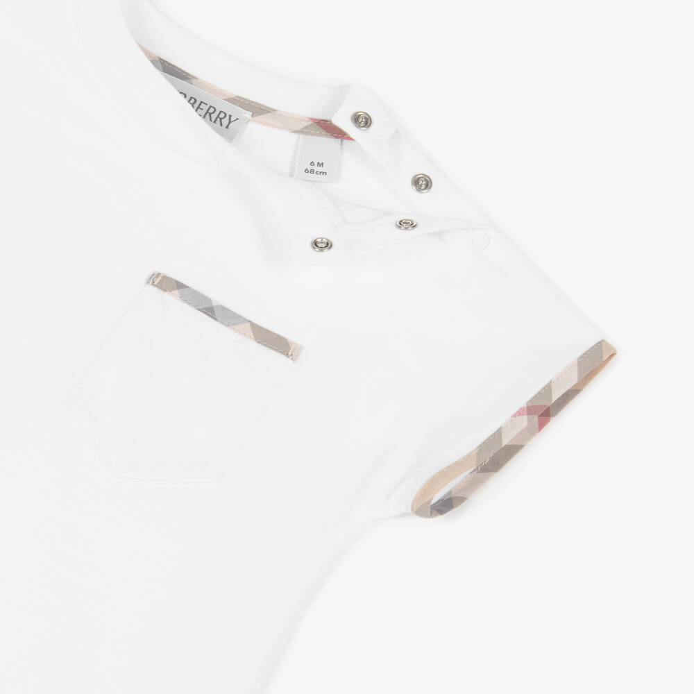 Burberry-White Cotton Baby Shortie with Check Trims | Childrensalon