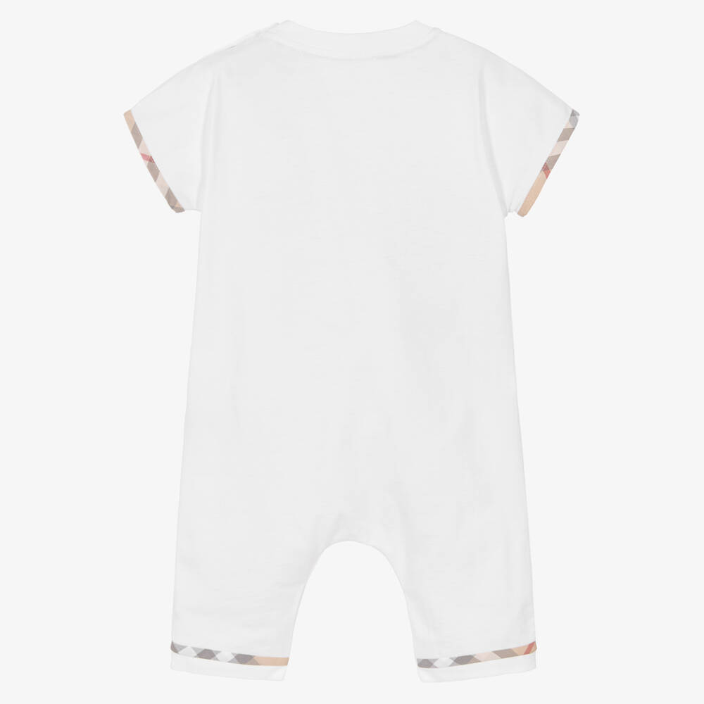 Burberry-White Cotton Baby Shortie with Check Trims | Childrensalon