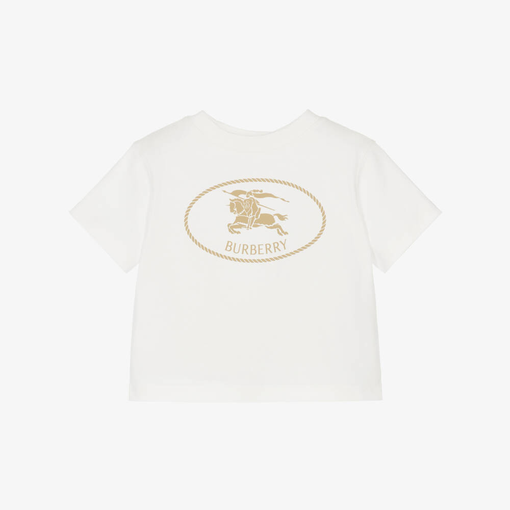 Burberry-White Cotton Baby T-Shirt with Knight Stamp | Childrensalon