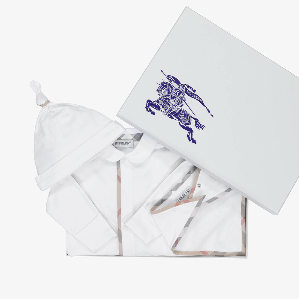 Burberry-White Cotton Babygrow Gift Set | Childrensalon
