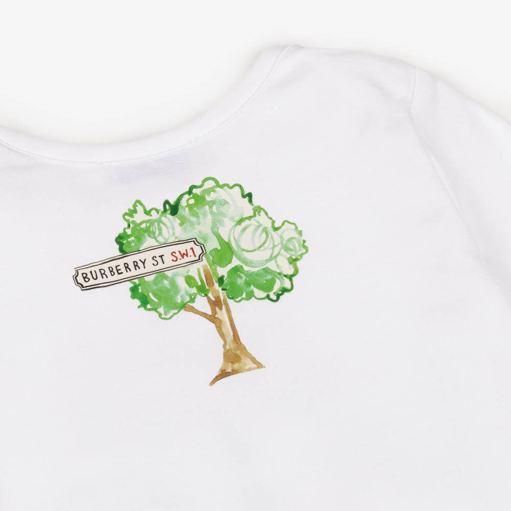 Burberry-White Cotton Babygrow with London Icons | Childrensalon