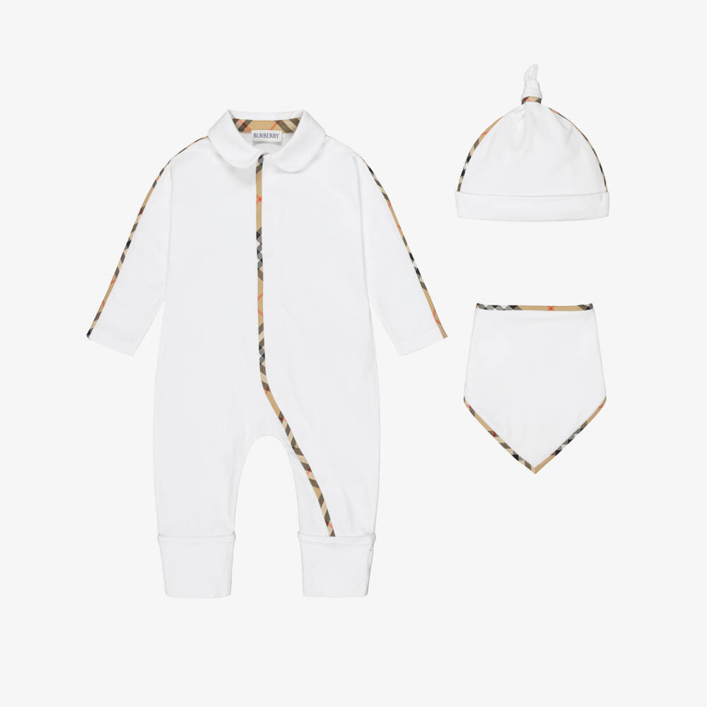Burberry-White Cotton Babysuit Gift Set with Beige Check Trims | Childrensalon