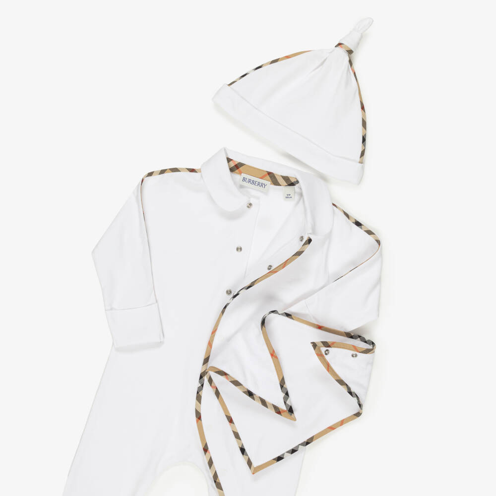 Burberry-White Cotton Babysuit Gift Set with Beige Check Trims | Childrensalon