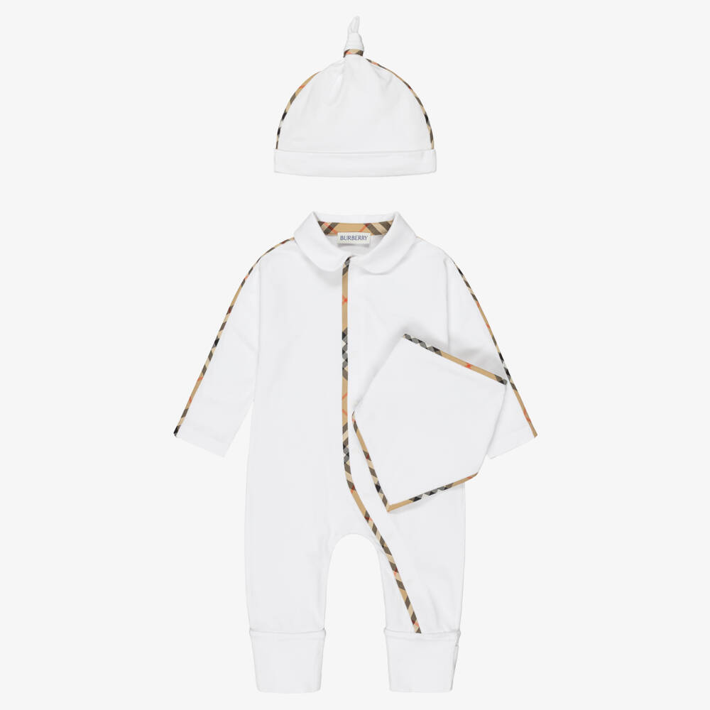 Burberry-White Cotton Babysuit Gift Set with Beige Check Trims | Childrensalon
