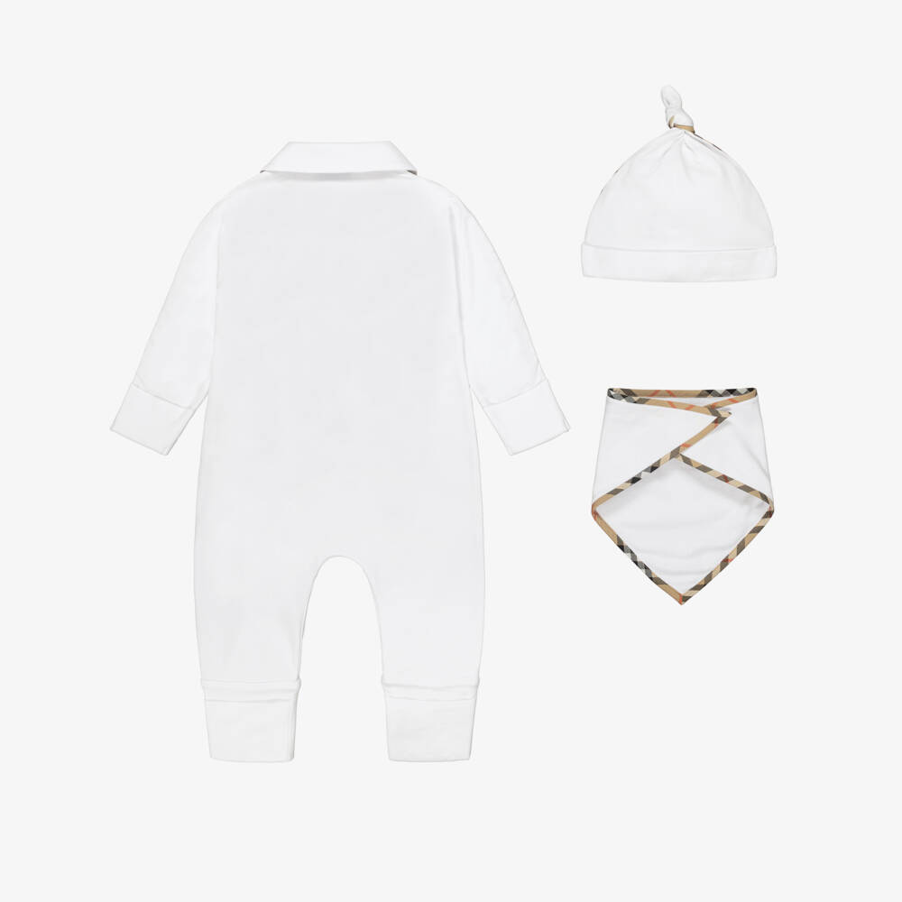 Burberry-White Cotton Babysuit Gift Set with Beige Check Trims | Childrensalon