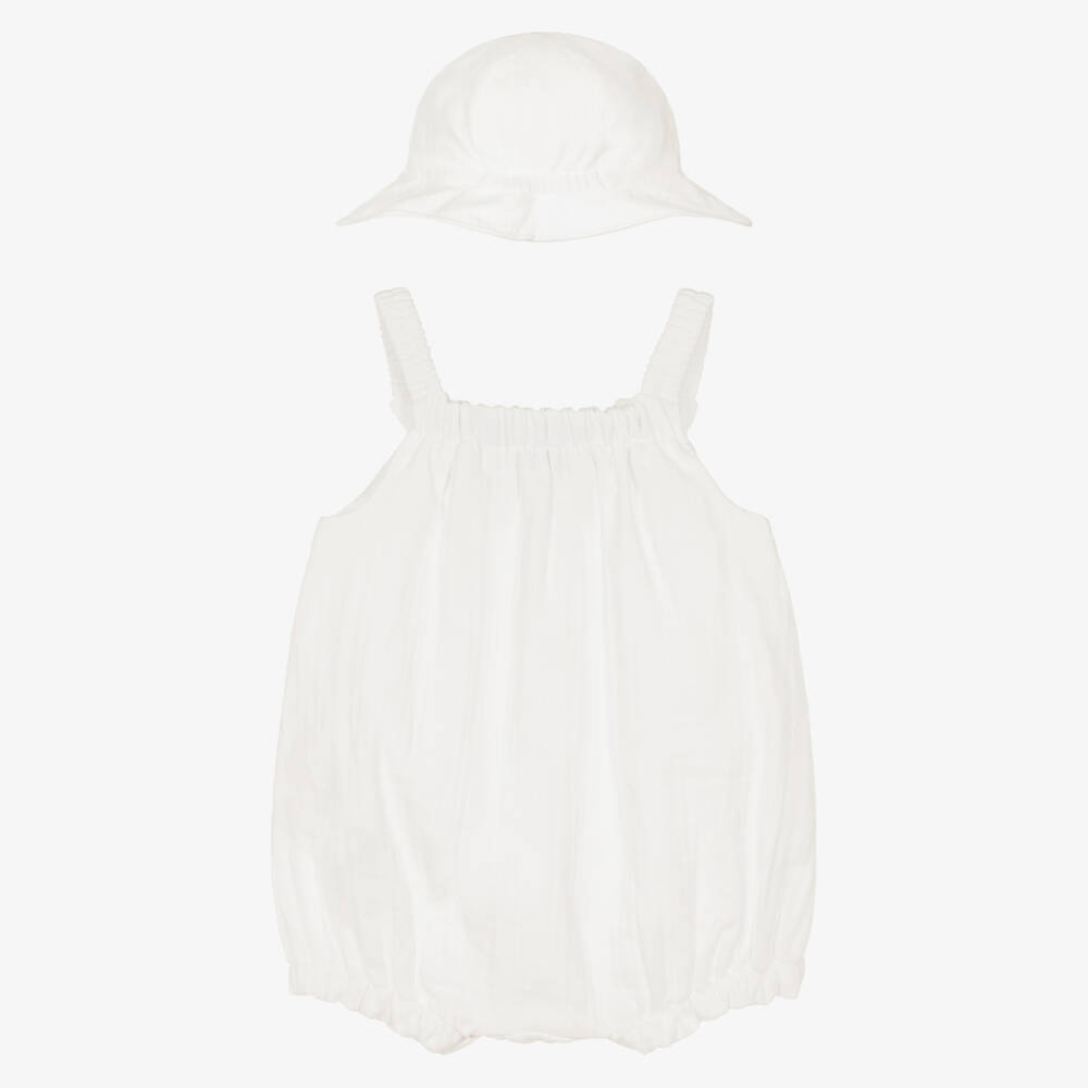 Burberry-White Cotton Shortie Gift Set with Thomas Bear Motifs | Childrensalon