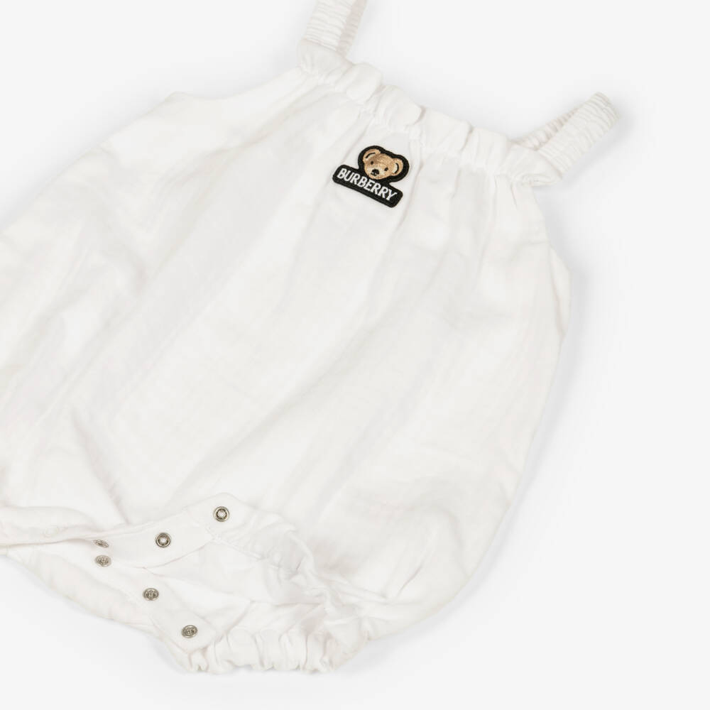 Burberry-White Cotton Shortie Gift Set with Thomas Bear Motifs | Childrensalon