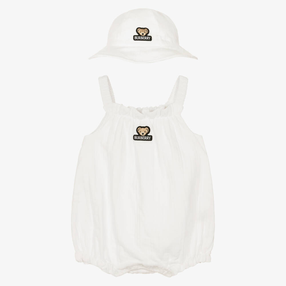 Burberry-White Cotton Shortie Set with Thomas Bear Motifs | Childrensalon