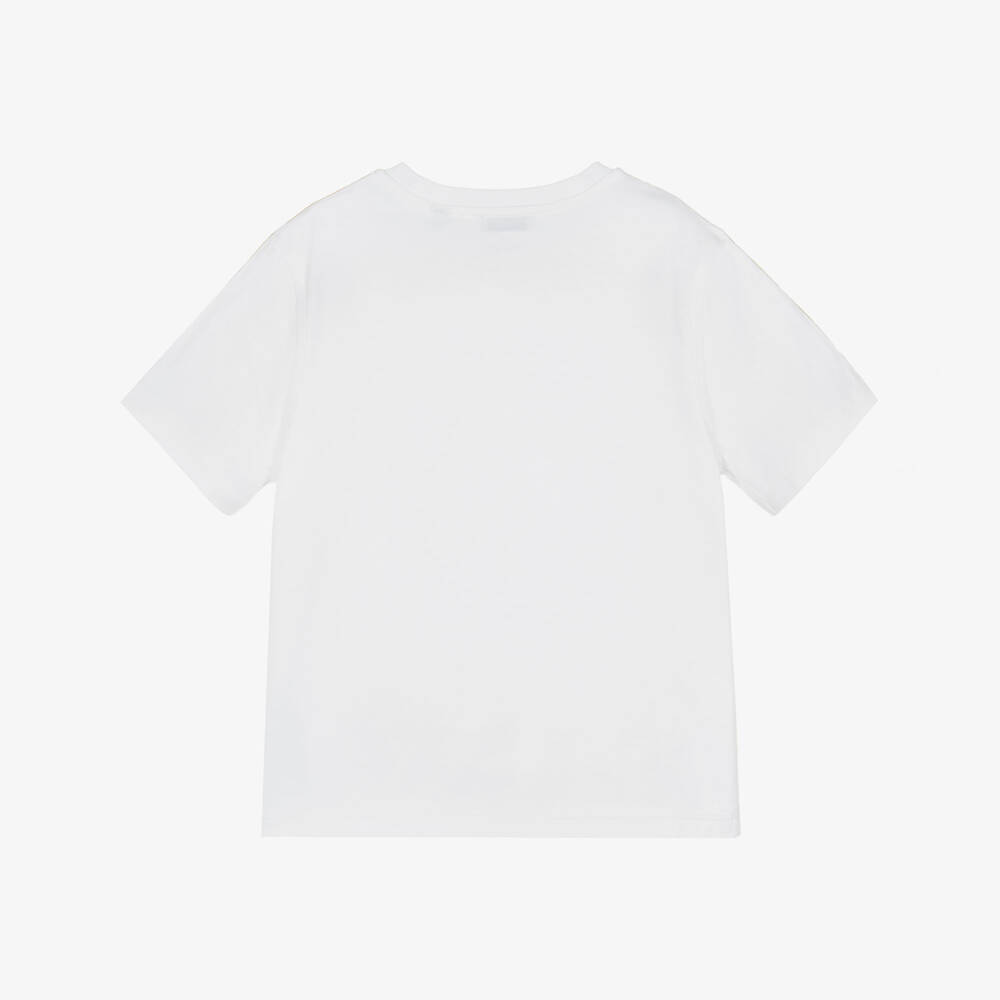 Burberry-White Cotton T-Shirt with Check Taped Trim | Childrensalon