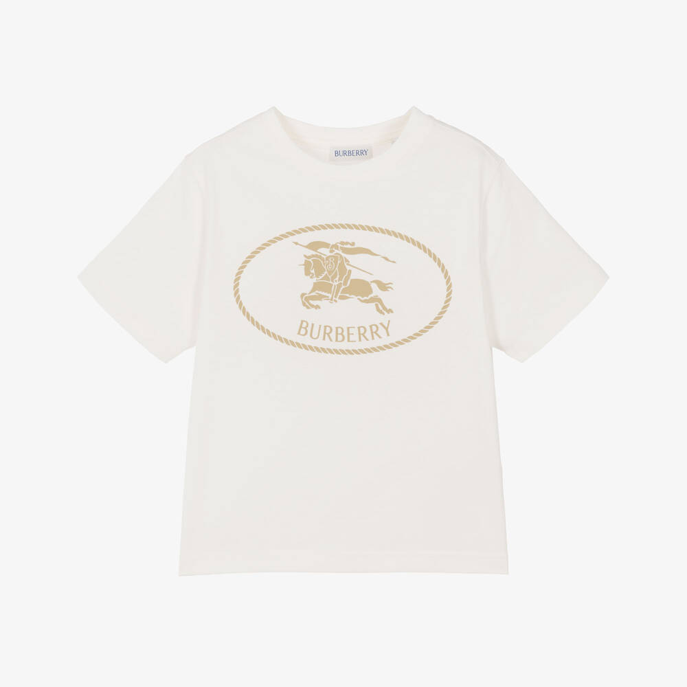Burberry-White Cotton T-Shirt with Knight Stamp | Childrensalon