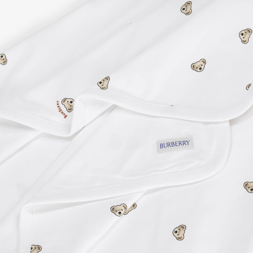Burberry-White Cotton Thomas Bear Baby Blanket (100cm) | Childrensalon