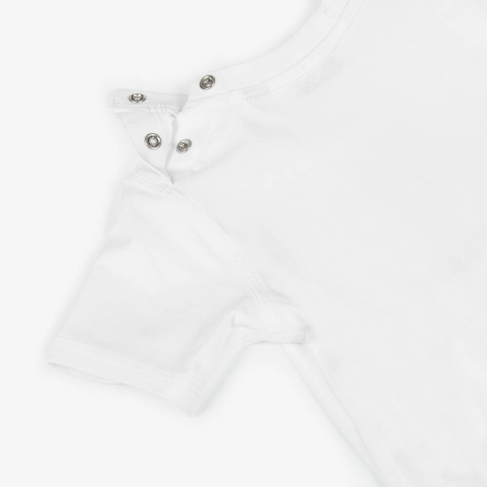 Burberry-White Cotton Thomas ​Bear Baby T-Shirt with Flocked Logo | Childrensalon